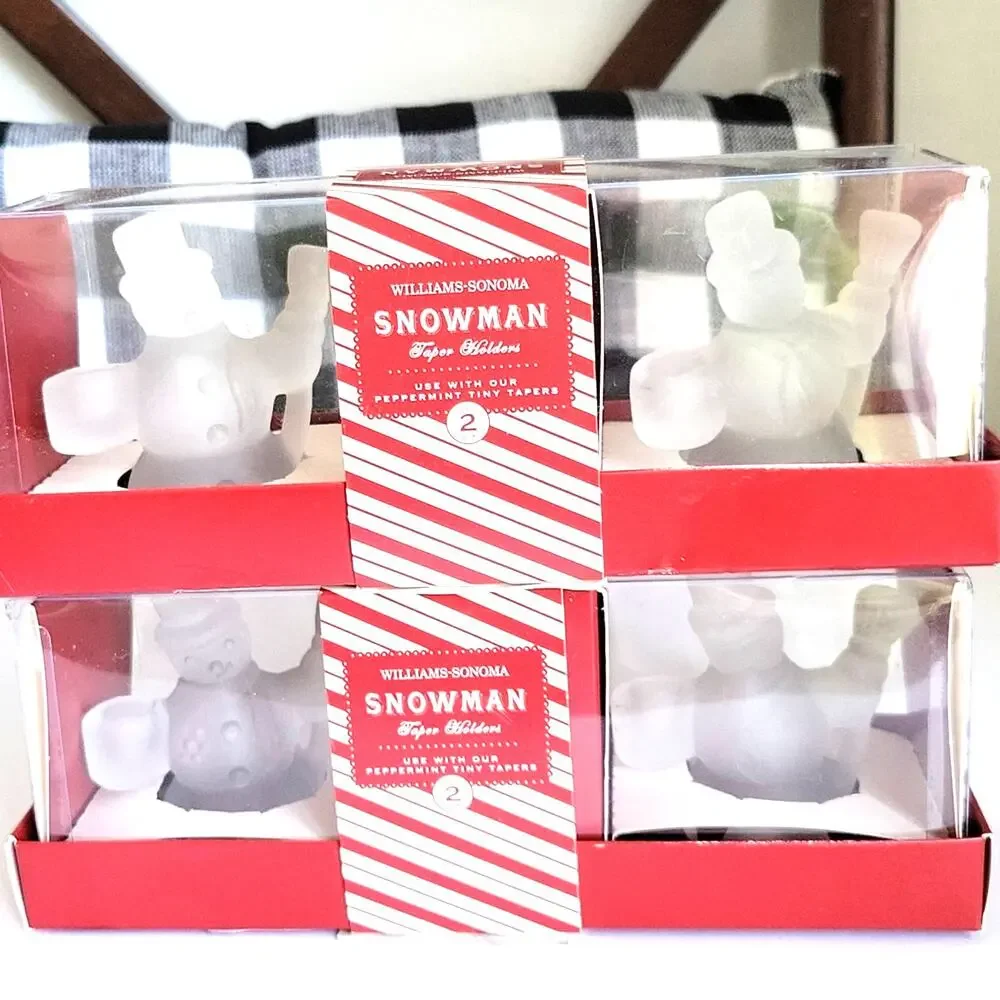 Vintage Williams Sonoma Snowman Tiny Taper Holder Clear Satin Glass Set Festive